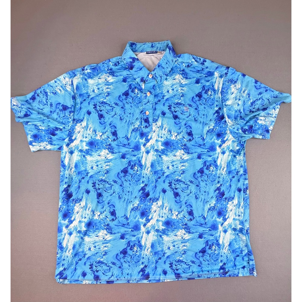 Hreski Polo Shirt Mens XXL Blue Marble Swirl Abstract Print Short‎ Sleeve Golf